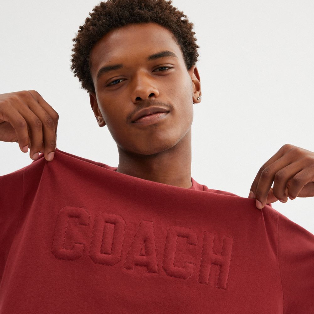 COACH®,Debossed T Shirt In Organic Cotton,Cotton,T Shirt,No Embellishment,Casual,Maroon,Detail View
