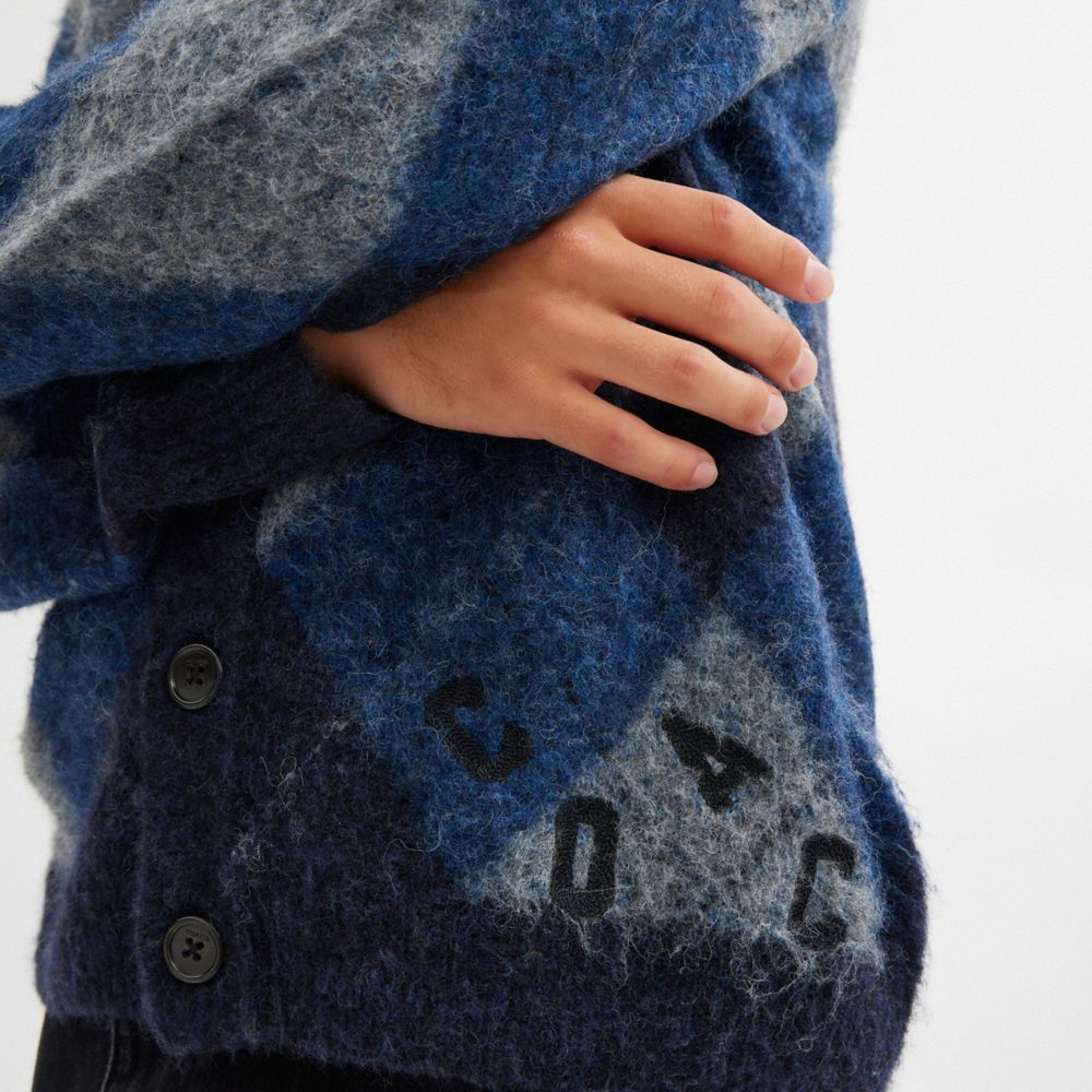COACH®,Fuzzy Argyle Cardigan,Polyamide,Merino Wool,Nylon,Acrylic,Cardigan,Logo,Word Embellishment,Casual,Multi Color,Detail View