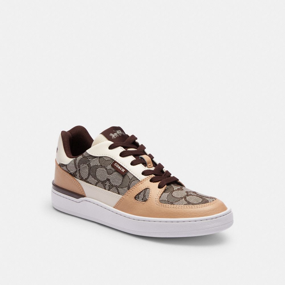 COACH®,CLIP LOW TOP SNEAKER IN SIGNATURE JACQUARD,Maple,Front View