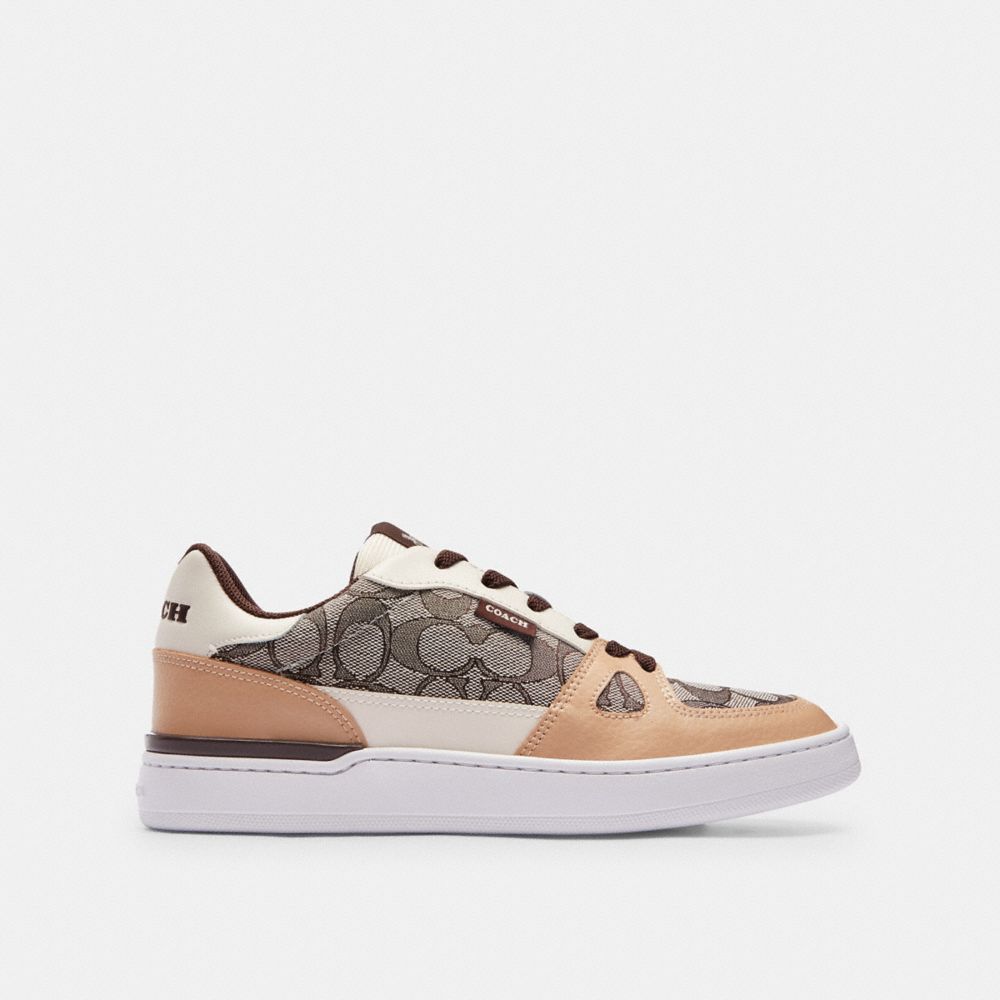 COACH®,Clip Low Top Sneaker In Signature Jacquard,Organic Cotton,Recycled Polyester,Leather,Casual,Mixed Media,Color Block...,Multi Color,Angle View