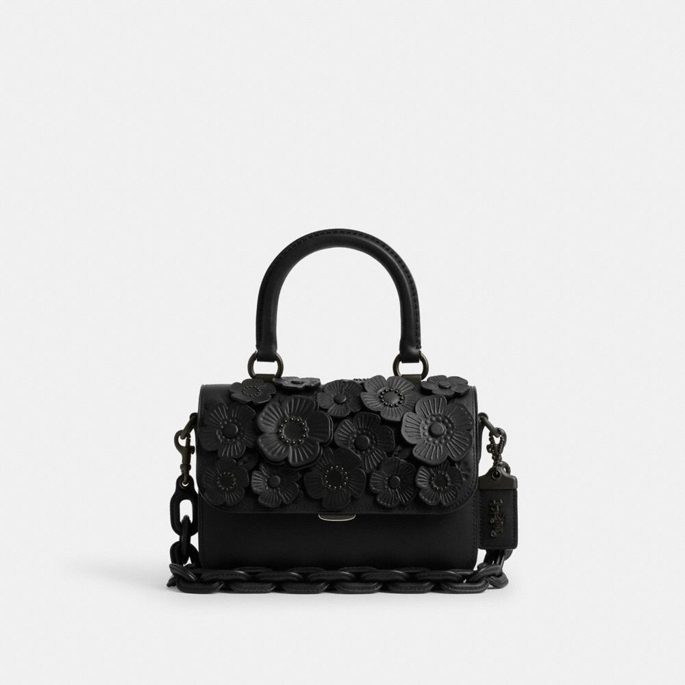 COACH®,ROGUE TOP HANDLE BAG WITH TEA ROSE,Glovetanned Leather,Tea Rose,Matte Black/Black,Front View