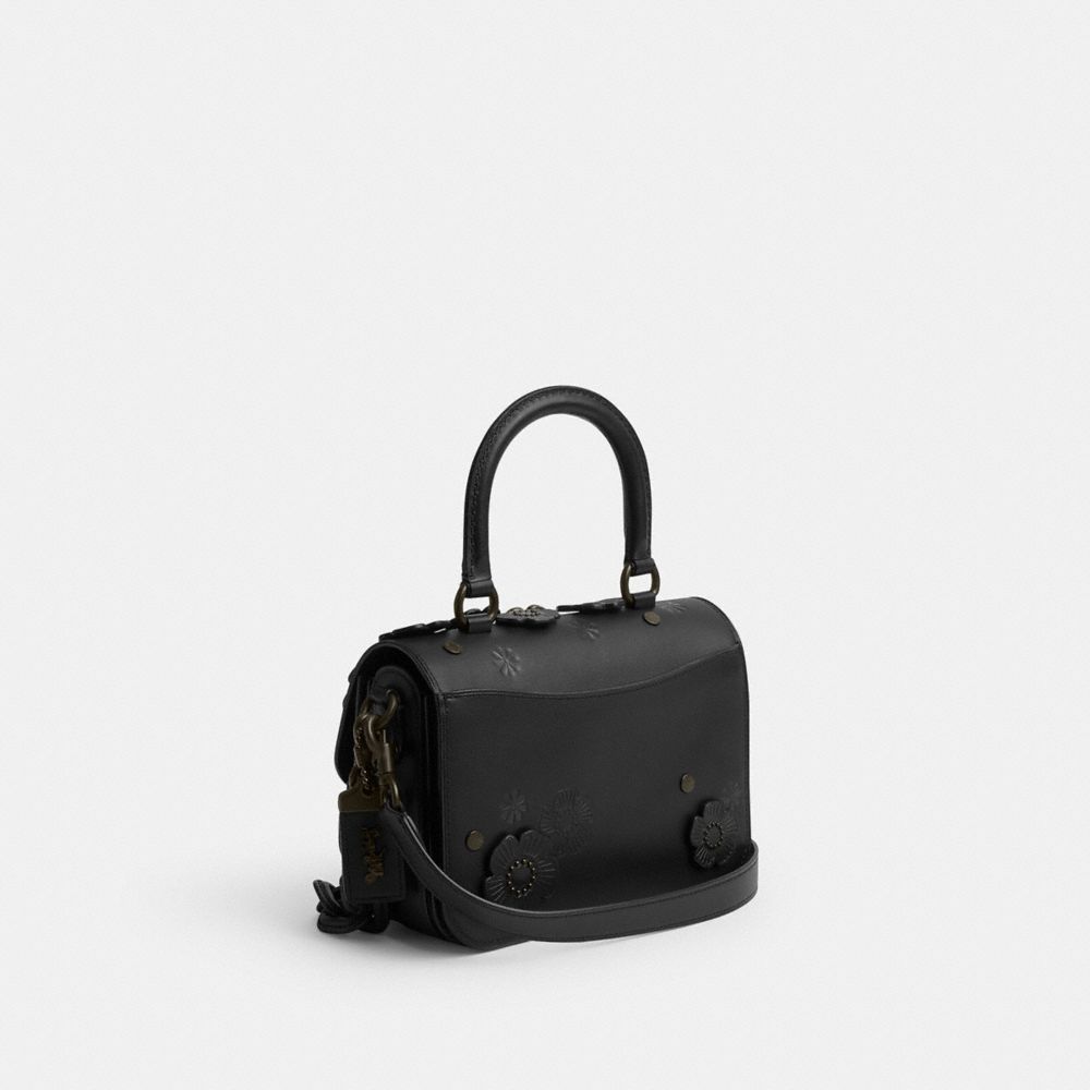 COACH®,ROGUE TOP HANDLE BAG WITH TEA ROSE,Glovetanned Leather,Medium,Tea Rose,Matte Black/Black,Angle View
