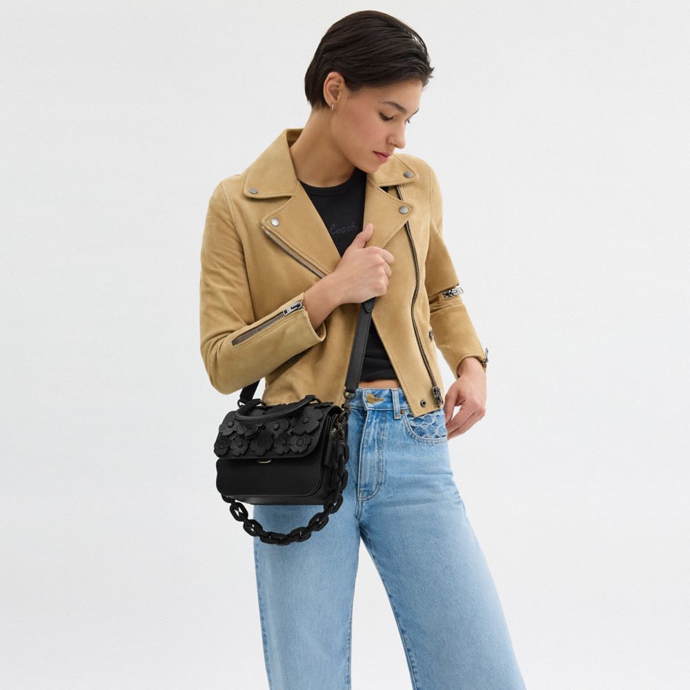 COACH®,Rogue Top Handle Bag With Tea Rose,Leather,Crossbody,Applique,Chain Detail,Pen Holder,Day Party,Black