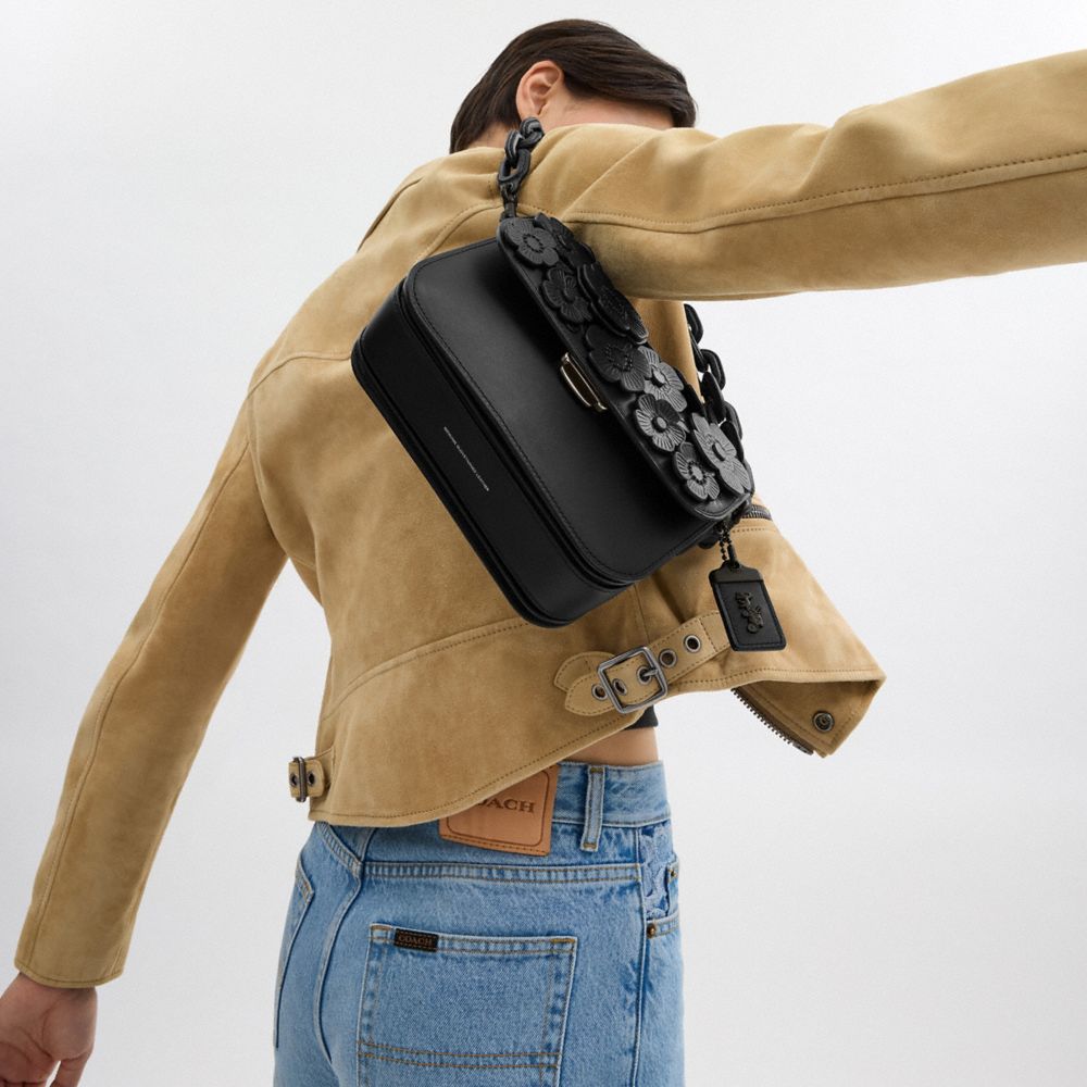 COACH®,Rogue Top Handle Bag With Tea Rose,Leather,Crossbody,Applique,Chain Detail,Pen Holder,Day Party,Black,Detail View