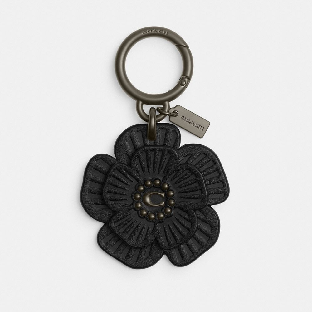 COACH®,TEA ROSE BAG CHARM,Glovetanned Leather,Matte Black/Black,Front View