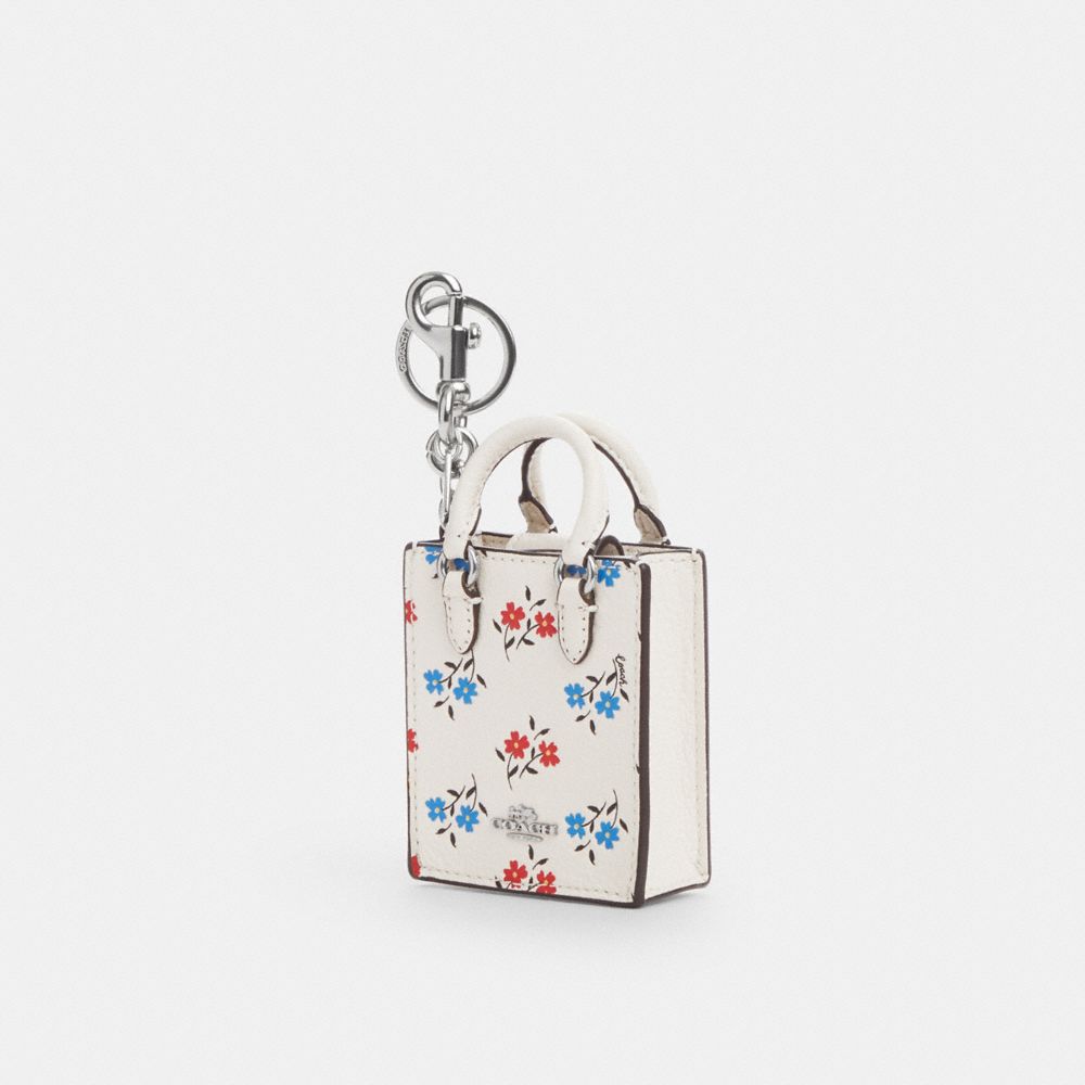 COACH®,NORTH/SOUTH MINI TOTE BAG CHARM WITH FLORAL PRINT,Silver/Chalk Multi,Front View