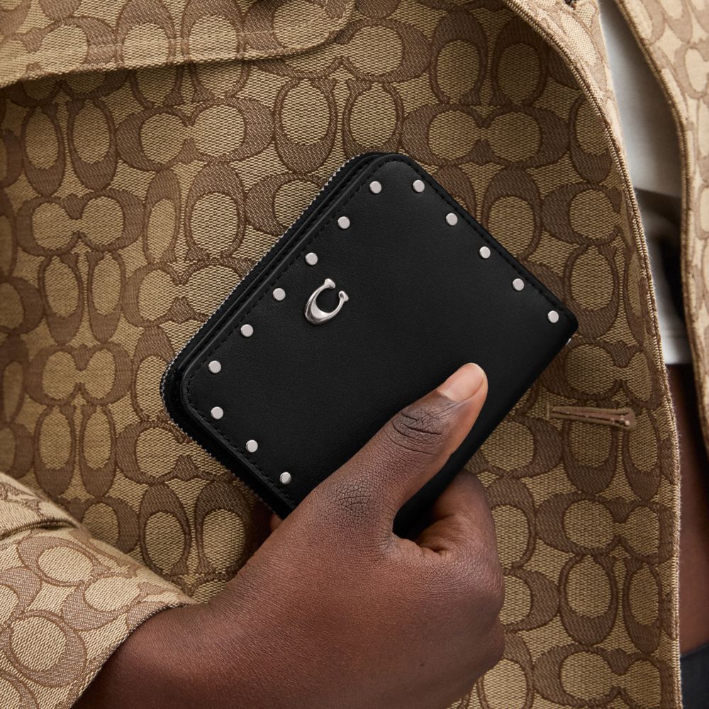 COACH®,Billfold Wallet With Rivets,Leather,Bi Fold,Card Case,Logo,Metal,Studded,Silver Metal,Casual,Black,Detail View