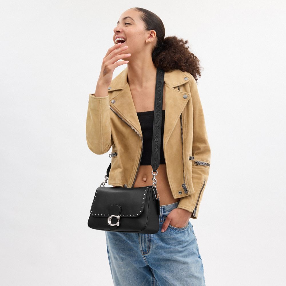 COACH®,Soft Tabby Shoulder Bag With Rivets,Leather,Shoulder Bag,Studded,Logo,Silver Metal,Day Party,Black