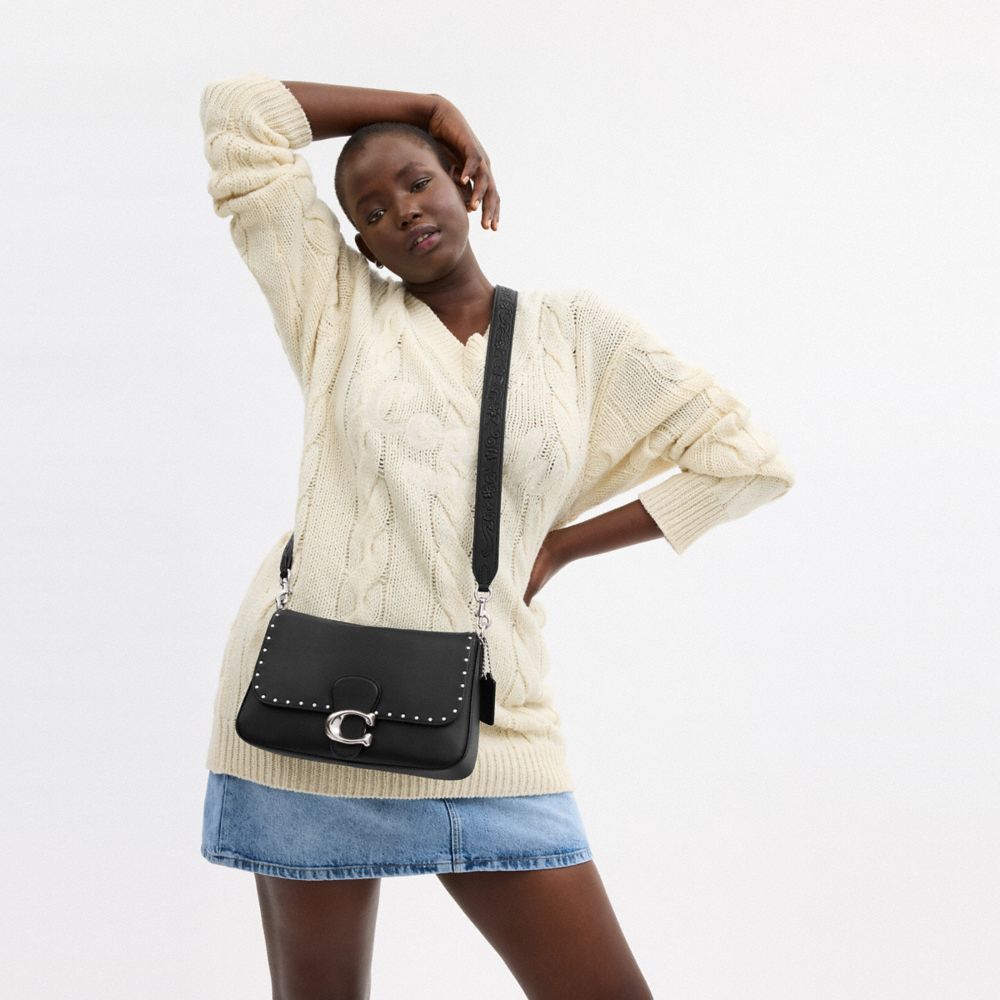 COACH®,Soft Tabby Shoulder Bag With Rivets,Leather,Shoulder Bag,Studded,Logo,Silver Metal,Day Party,Black