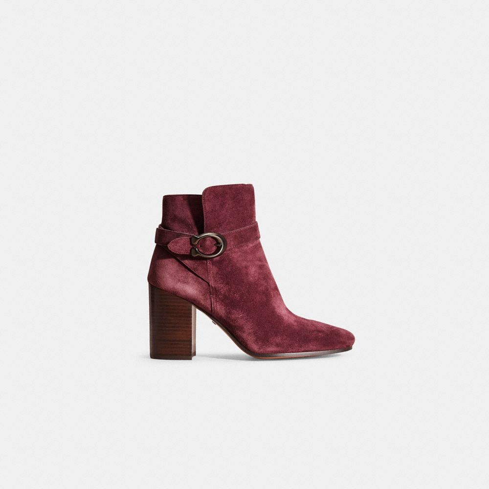 COACH®,RESTORED DELANEY SIGNATURE BUCKLE HEEL BOOTIE,Suede,Oxblood,Front View