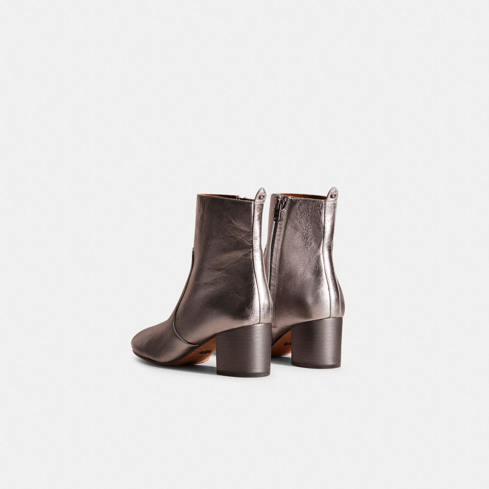 COACH®,Restored Juliet Ankle Bootie,Leather,Bootie,Pull Tab,Day Party,Metallic,Silver,Back View