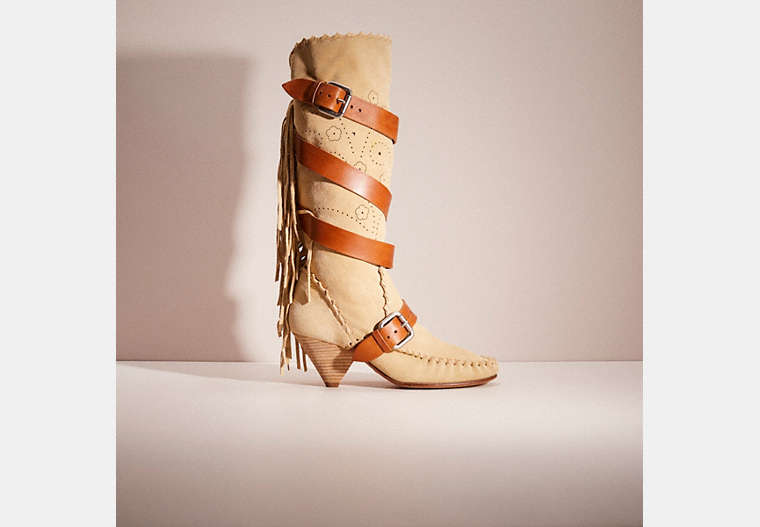 COACH®,RESTORED FRINGE BUCKLE BOOT,Suede,Light Tan,Front View
