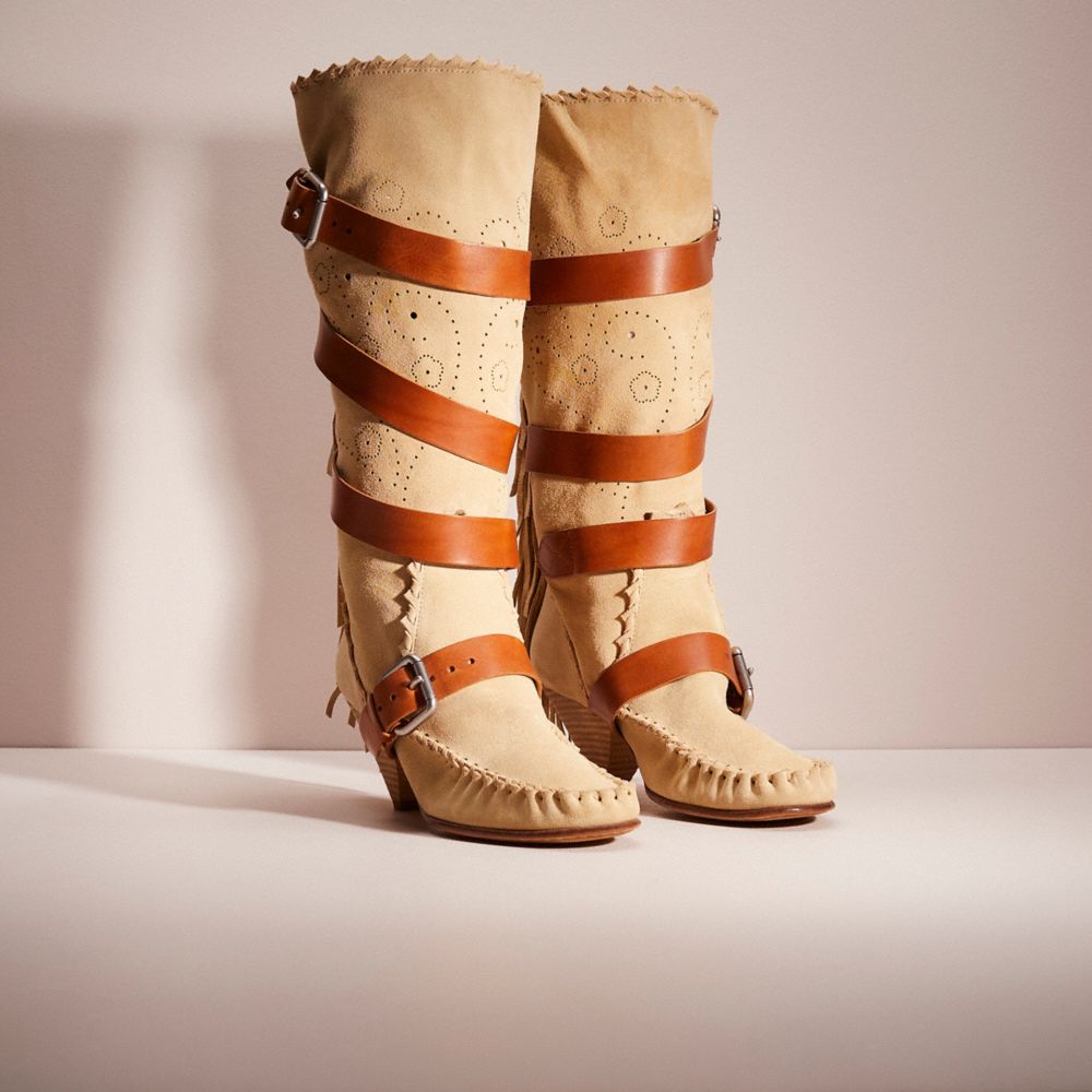 COACH®,RESTORED FRINGE BUCKLE BOOT,Suede,Light Tan,Angle View