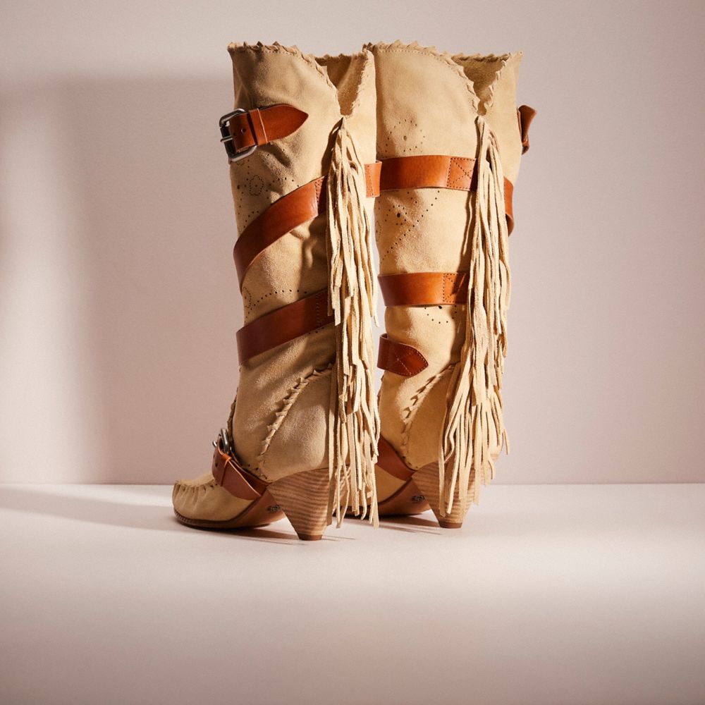 COACH®,RESTORED FRINGE BUCKLE BOOT,Suede,Light Tan,Back View