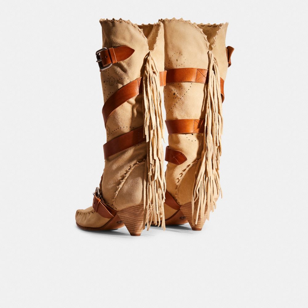 COACH®,Restored Fringe Buckle Boot,Suede,Leather,Boots,Perforated,Whipstitch,Notched Embellishment,Fringe,Day Party,Beige,Back View