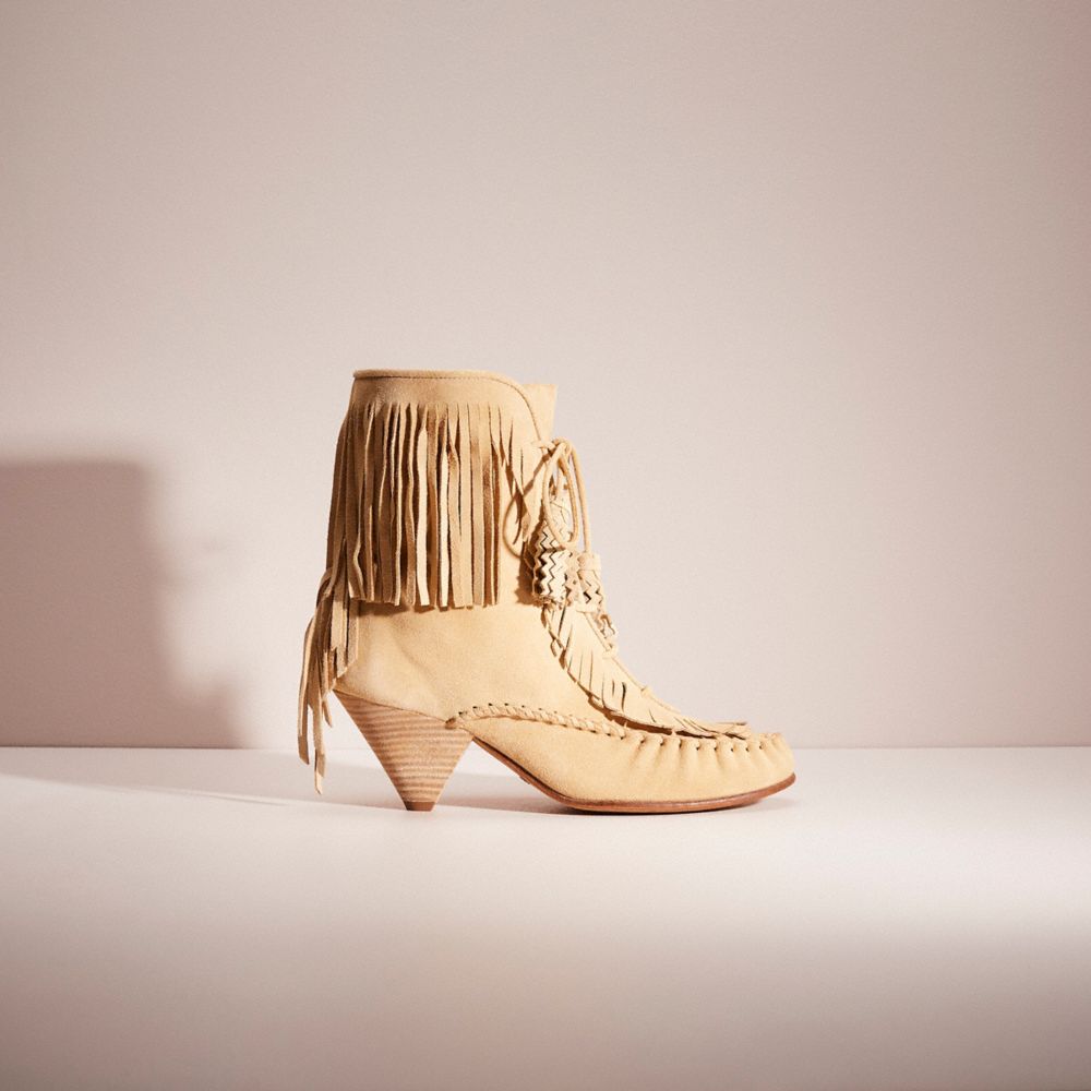 COACH®,RESTORED FRINGE BOOT,Suede,Light Tan,Front View
