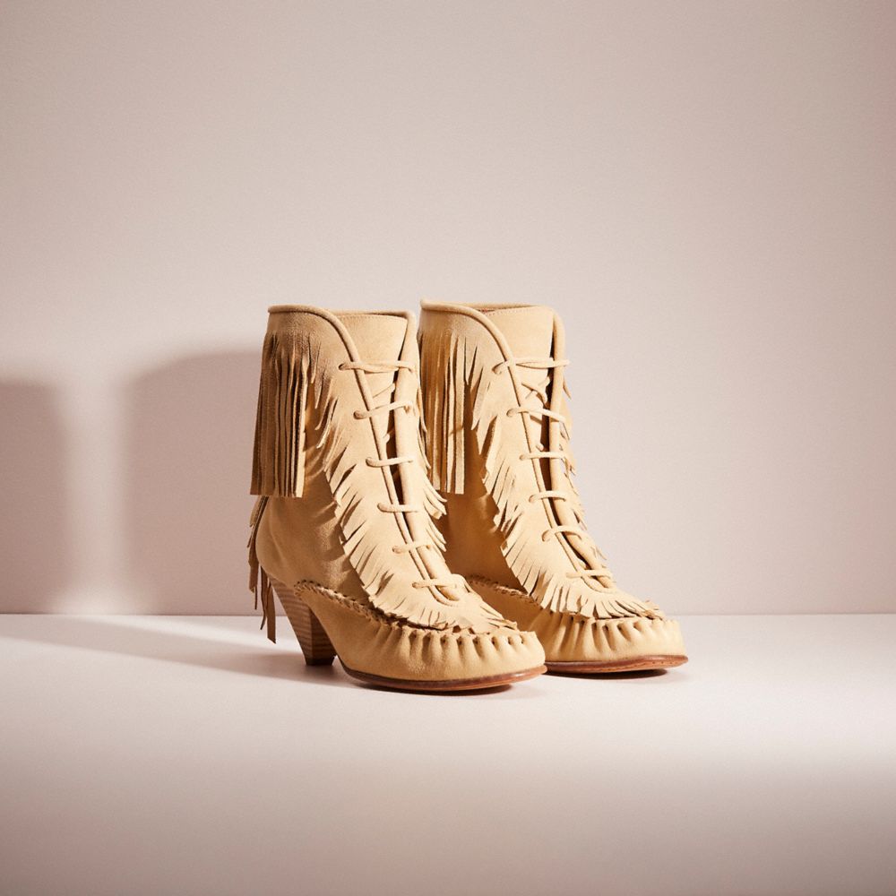 COACH®,RESTORED FRINGE BOOT,Suede,Light Tan,Angle View