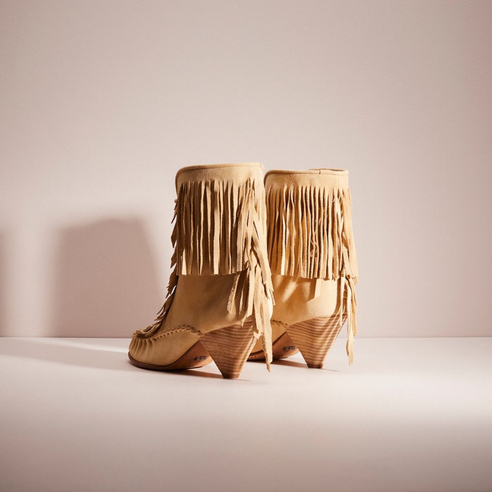 COACH®,RESTORED FRINGE BOOT,Suede,Light Tan,Back View