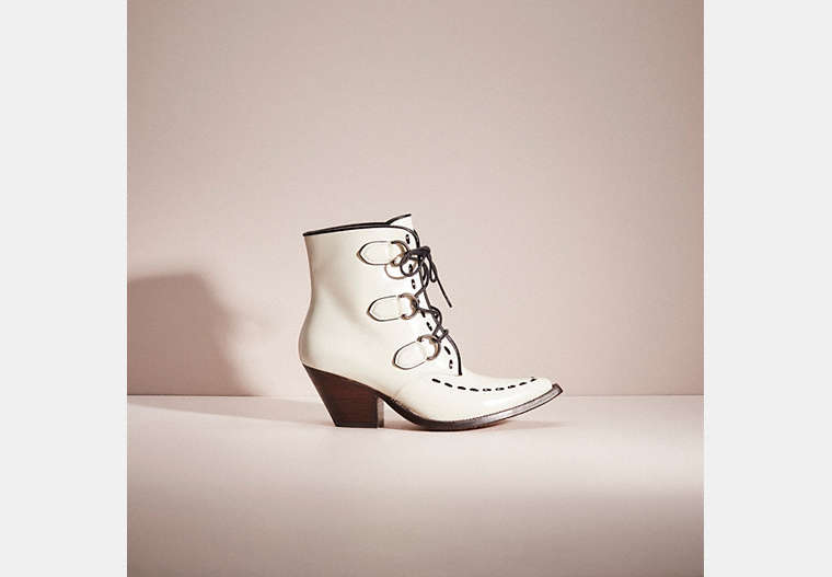 COACH®,RESTORED LACE UP CHAIN BOOTIE,Leather,Chalk,Front View