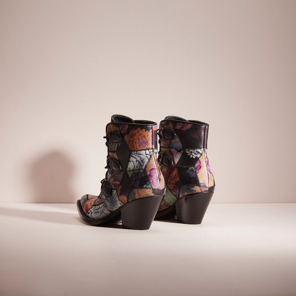 COACH®,Restored Lace Up Chain Bootie With Kaffe Fassett Print,Western,Foam,Patchwork,Pull Tab,Day Party,Black,Back View