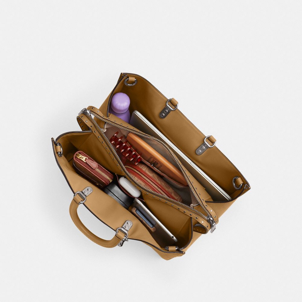 COACH®,Rogue Bag 39 With Rivets,Leather,Tote,Metal,Logo,Studded,Silver Metal,Work,Brown,Inside View, Top View