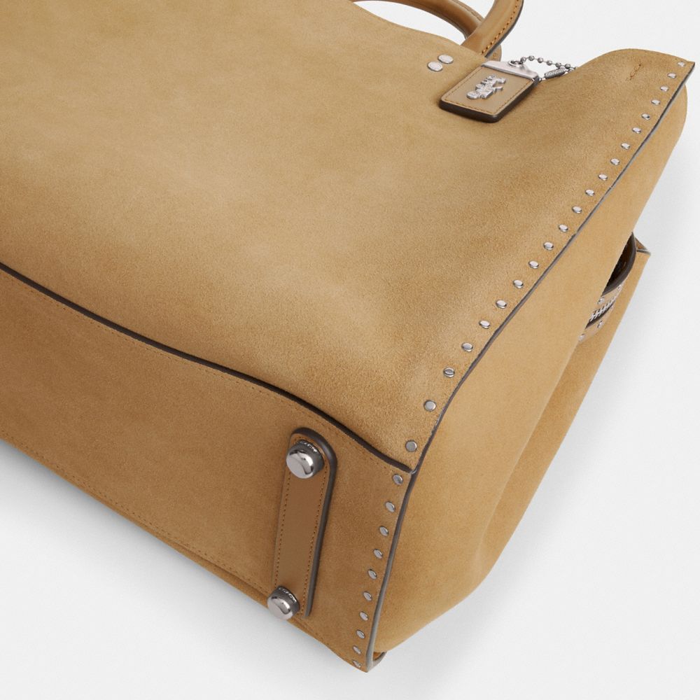 COACH®,Rogue Bag 39 With Rivets,Leather,Tote,Metal,Logo,Studded,Silver Metal,Work,Brown,Outsole View
