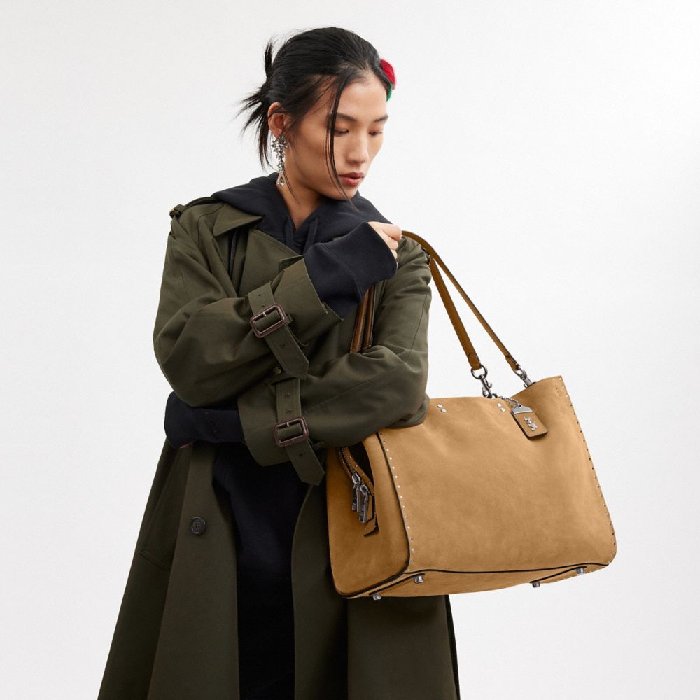 COACH®,Rogue Bag 39 With Rivets,Leather,Tote,Metal,Logo,Studded,Silver Metal,Work,Brown,Detail View