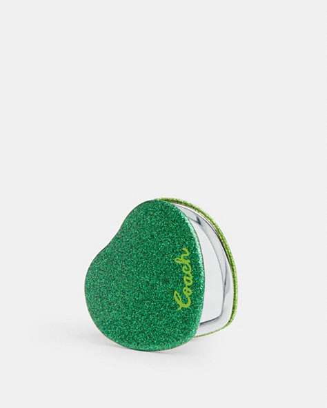 COACH®,GLITTER HEART COMPACT MIRROR,Military Green/Green Sherbert,Front View