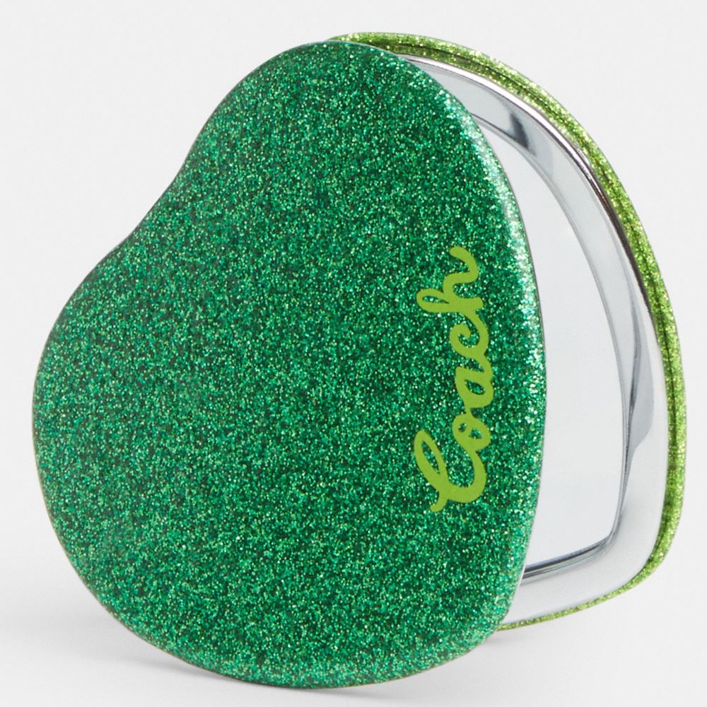 COACH®,MIROIR COMPACT EN FORME DE CŒUR À PAILLETTES,Vert militaire/Sorbet vert