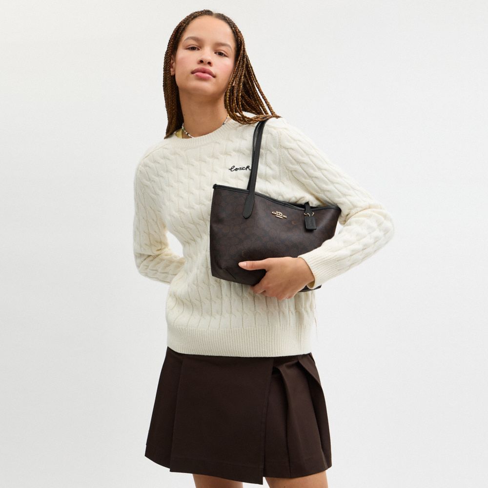 COACH®,Small City Tote Bag In Signature Canvas,Tote,Piping,Casual,Brown,Detail View