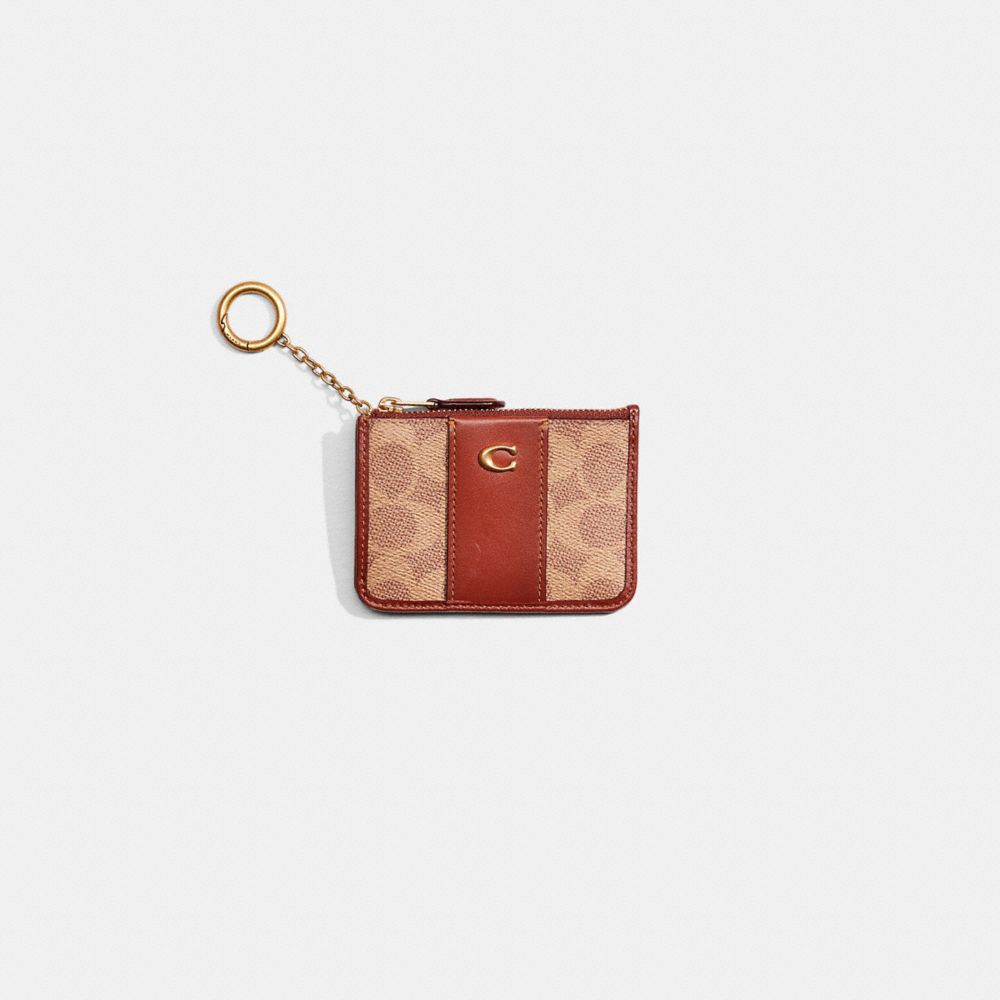 COACH®,Restored Mini Skinny Id Case In Signature Canvas,Calfskin Leather,Card Case,Color Block,Piping,Key Ring,Casual,Beige,Front View