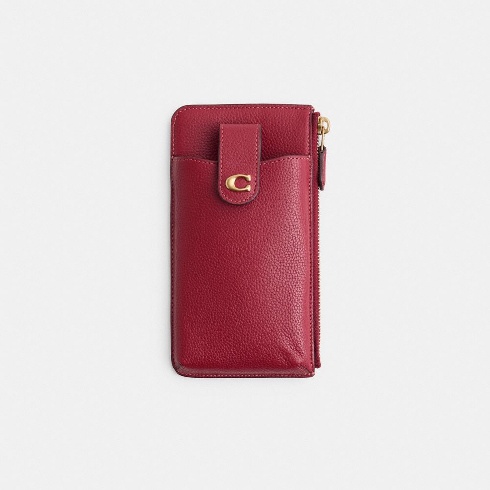COACH®,Restored Phone Wallet,Leather,Coin,Metal Material,Metal,Logo,Sustainable,Casual,Maroon,Front View