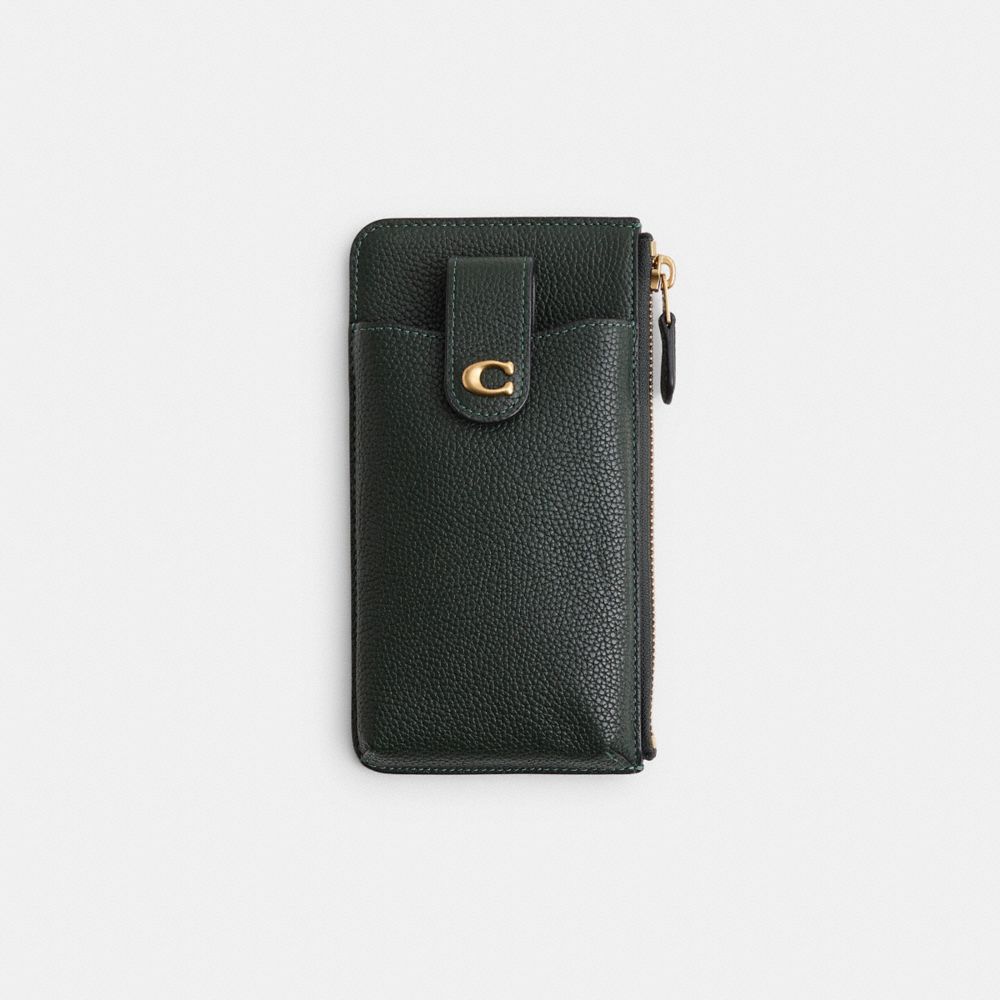 COACH®,Restored Phone Wallet,Leather,Coin,Metal Material,Metal,Logo,Sustainable,Casual,Black,Front View