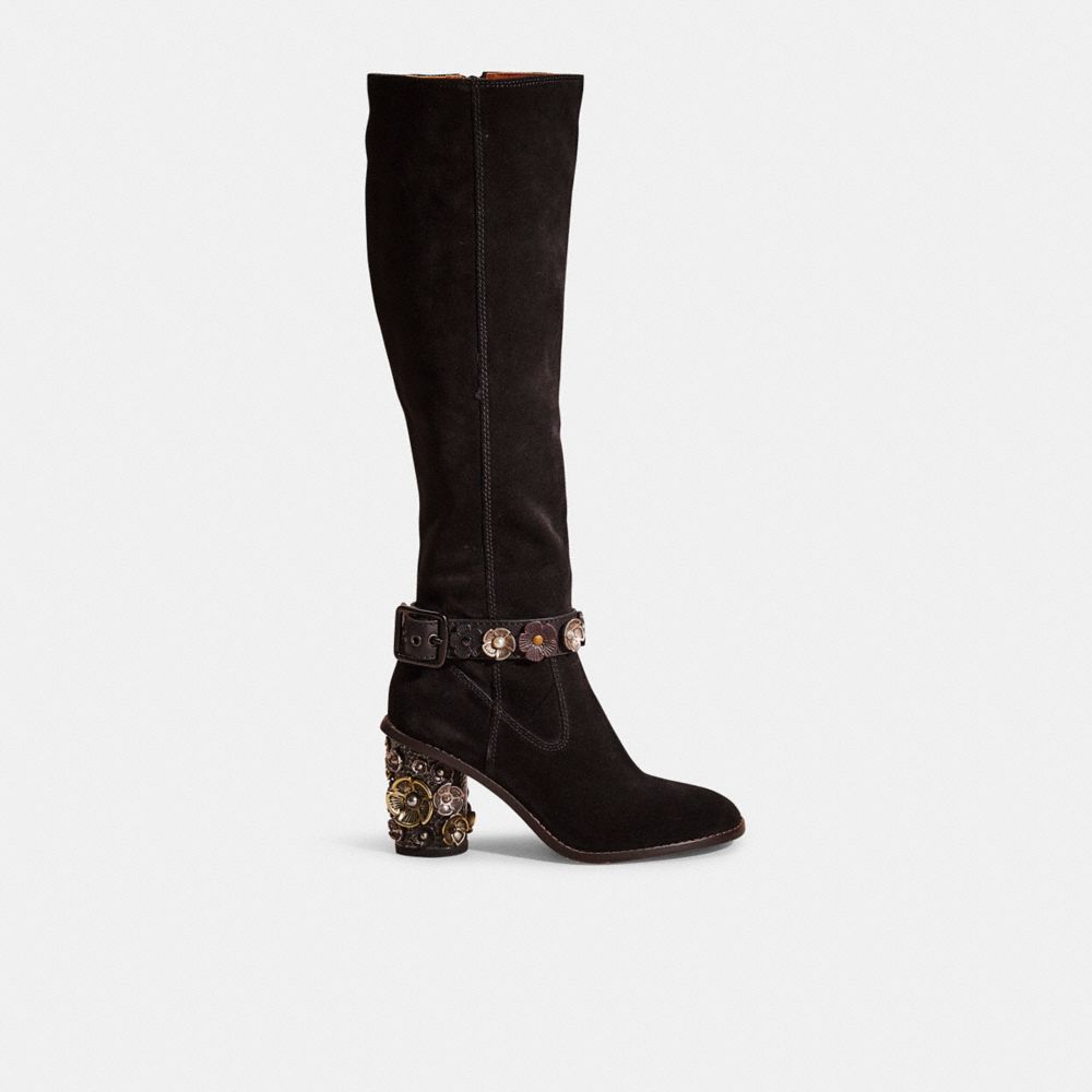 COACH®,UPCRAFTED TEA ROSE HEEL BOOT,Suede,Black,Front View