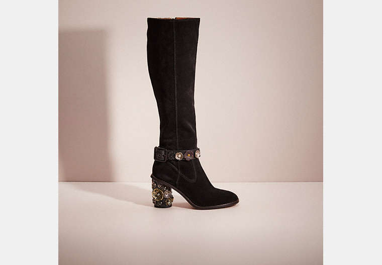COACH®,UPCRAFTED TEA ROSE HEEL BOOT,Suede,Black,Front View