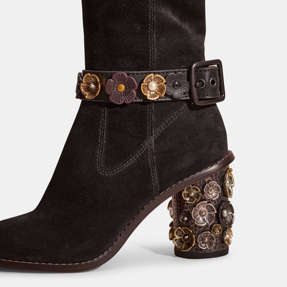 COACH®,Upcrafted Tea Rose Heel Boot,Suede,Leather,Boots,3D Embellishment,Metal,Mixed Metal,Cocktail,Black,Closer View