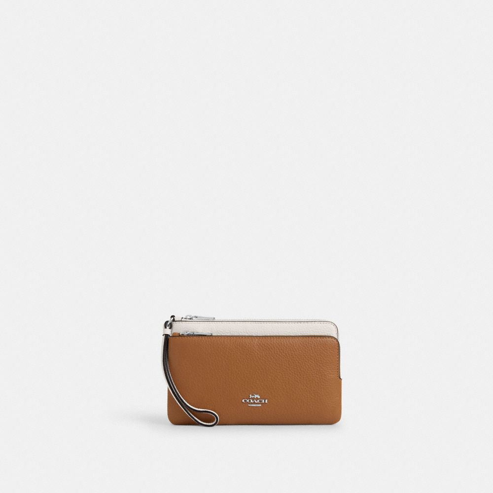 COACH®,Double Zip Wallet In Colorblock,Wristlet,Coin,Logo,Metal,Color Block,Casual,Brown,Front View