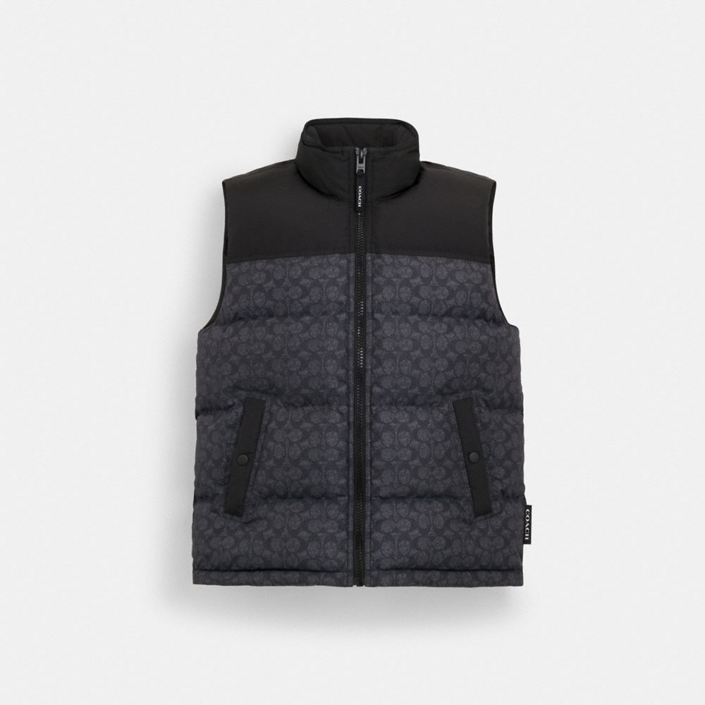 COACH®,Signature Down Vest In Recycled Polyester,Vest,Quilted,Down,Color Block,Sustainable,Casual,Gray,Front View