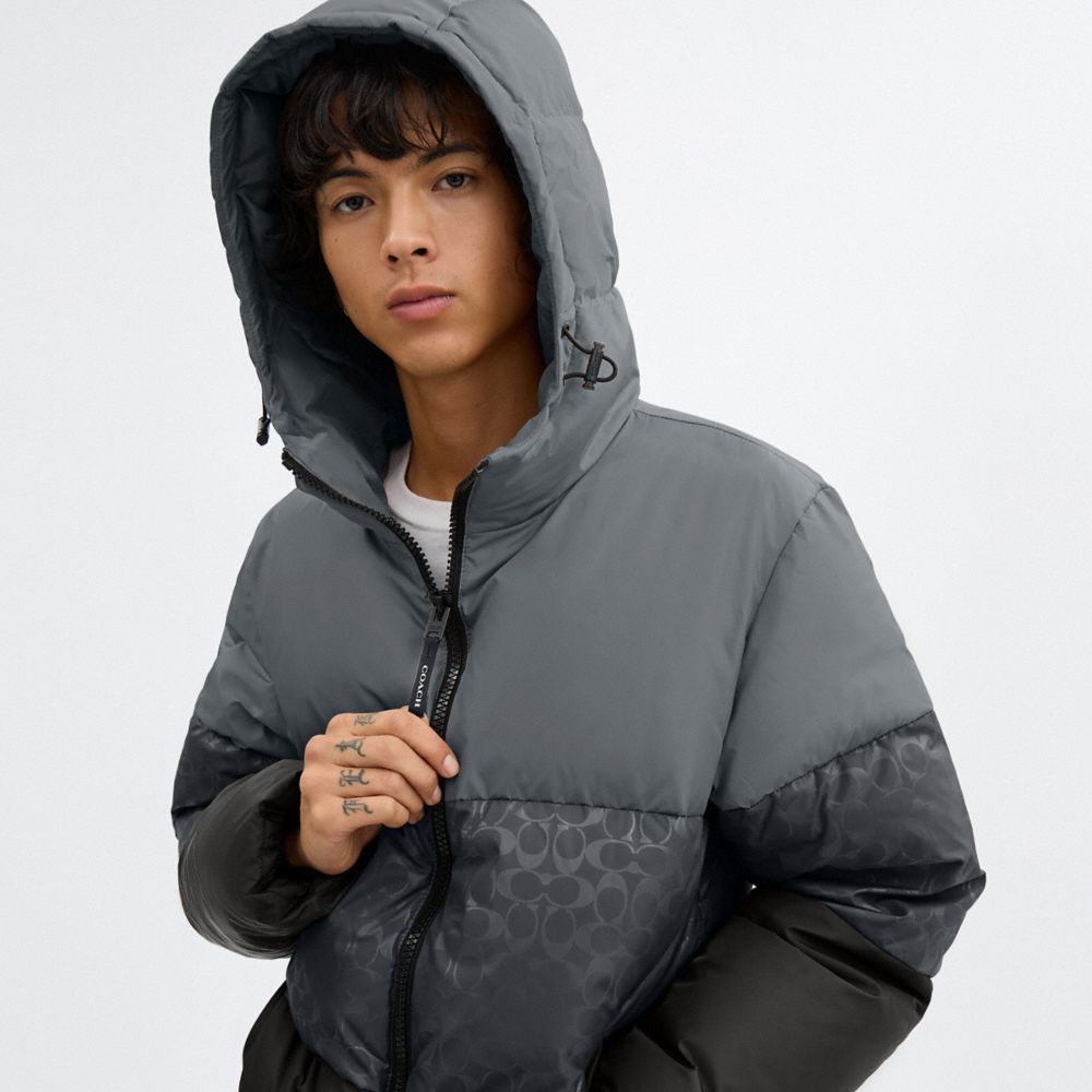 COACH®,Colorblock Down Jacket In Recycled Polyester,Multi Color,Detail View