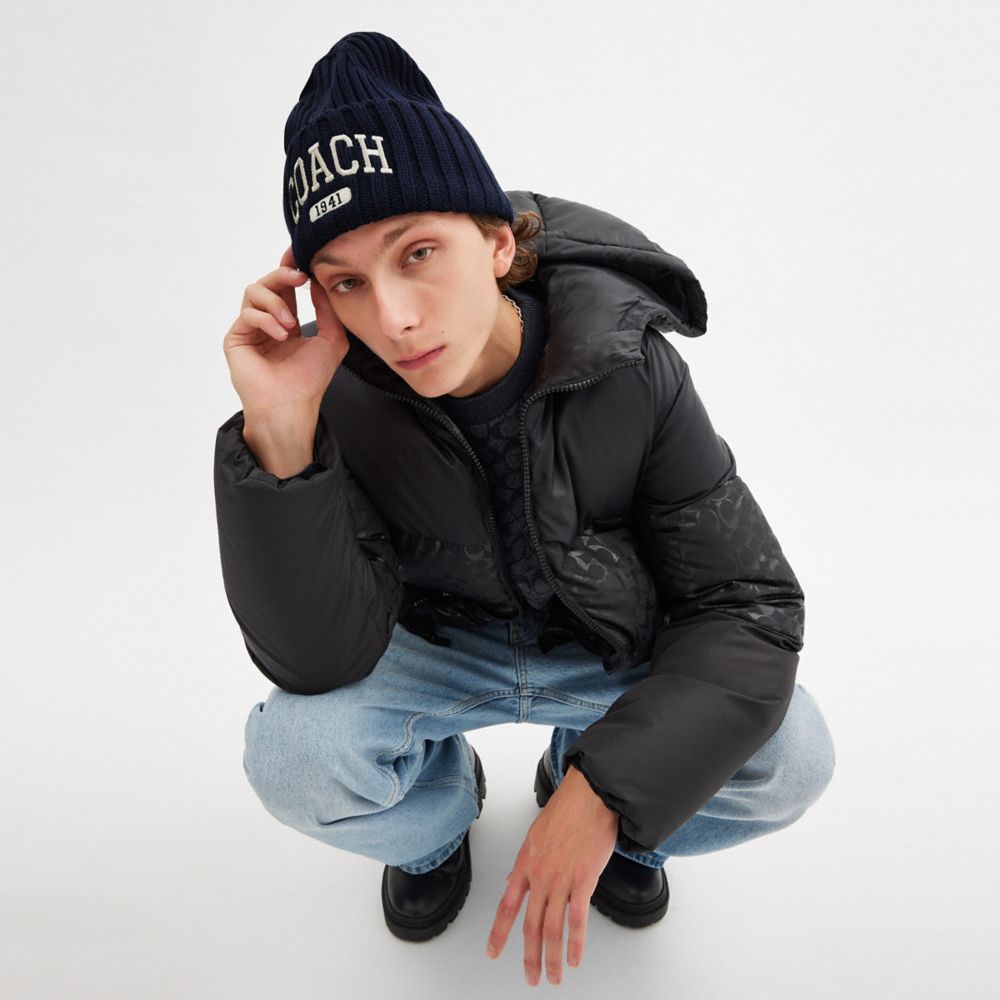 COACH®,Coach 1941 Embroidered Knit Beanie,Navy,Angle View