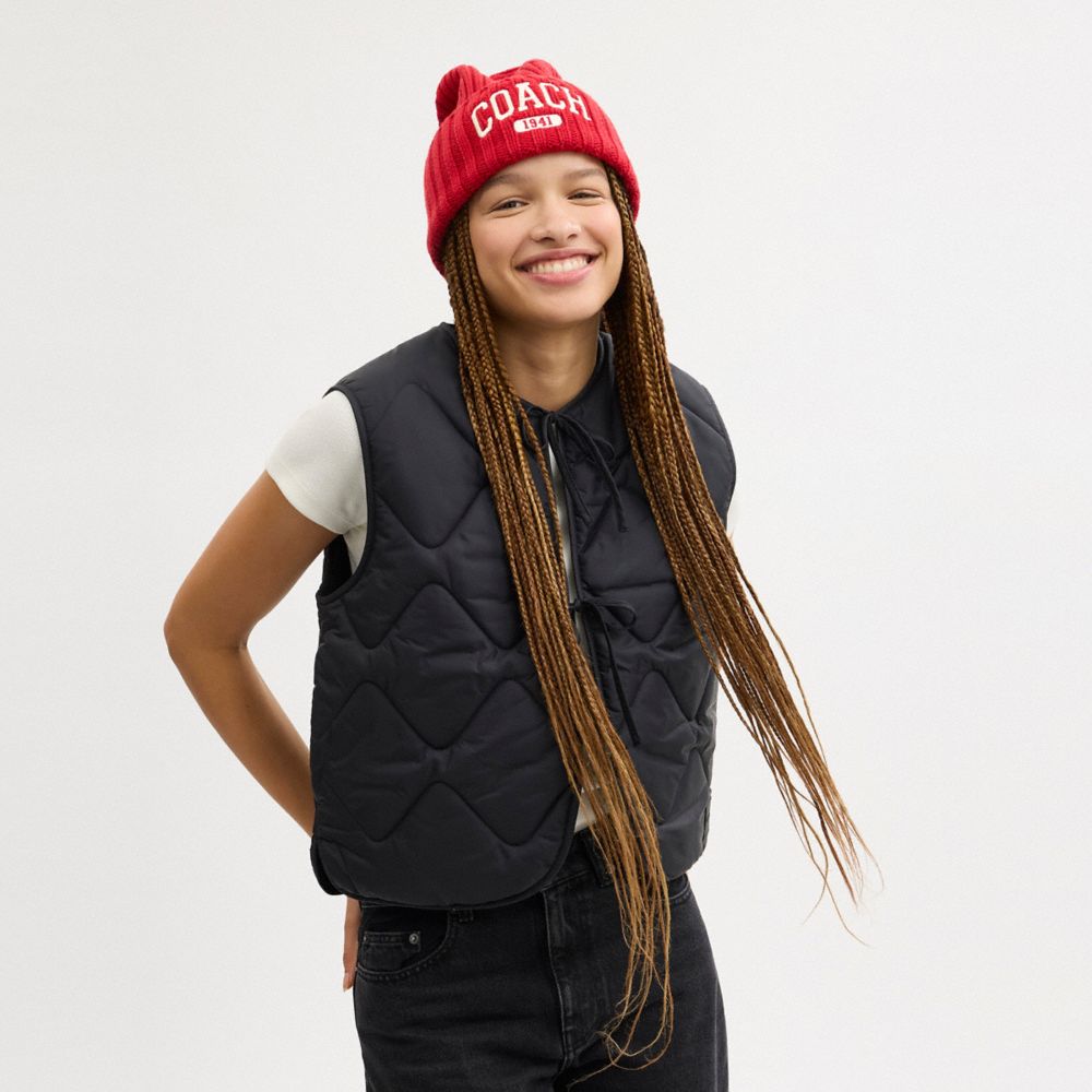 COACH®,Coach 1941 Embroidered Knit Beanie,Red,Detail View