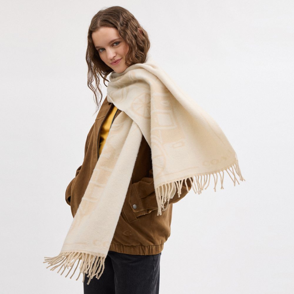 COACH®,Horse And Carriage Print Oversized Muffler,Wool,Rectangle,Fringe,Casual,Beige,Detail View