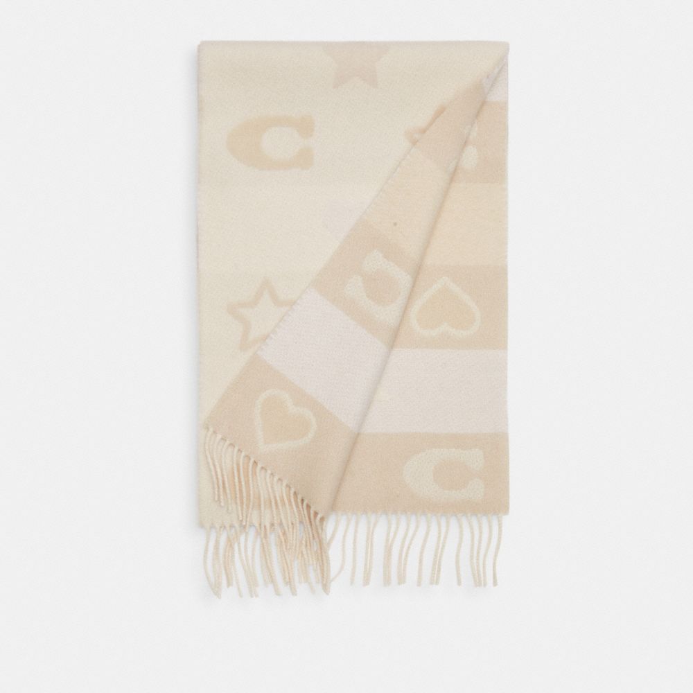 COACH®,Stars And Hearts Print Muffler,Wool,Rectangle,Fringe,Casual,Cream,Front View