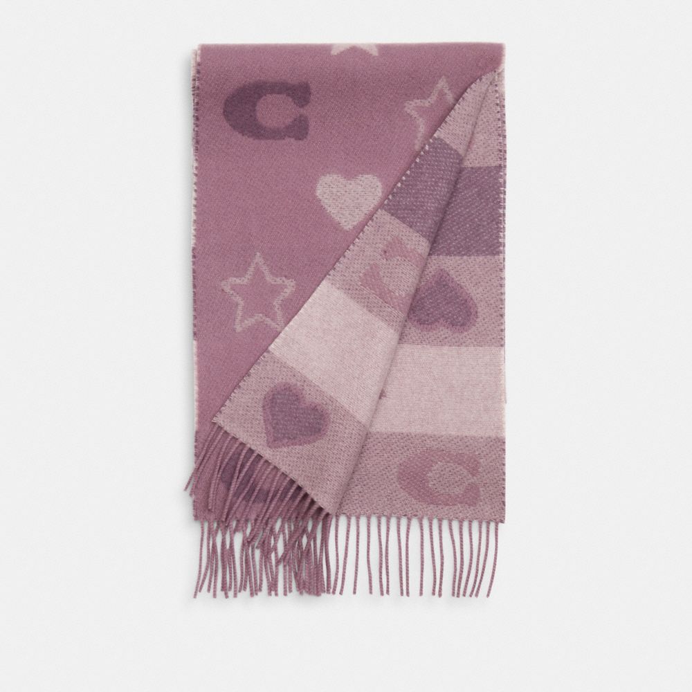 COACH®,Stars And Hearts Print Muffler,Wool,Rectangle,Fringe,Casual,Purple,Front View