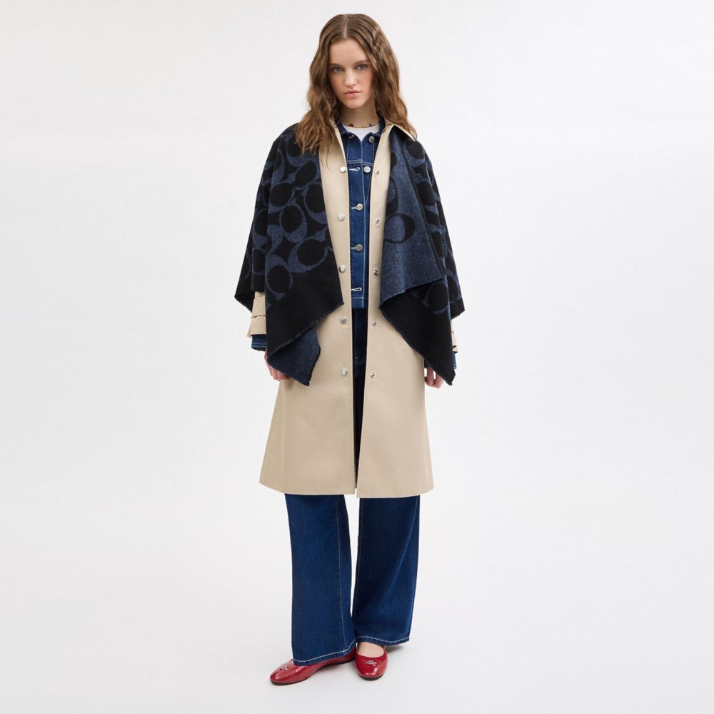 COACH®,Signature Cape,Wool,Ruana,Frayed,Casual,Navy,Detail View
