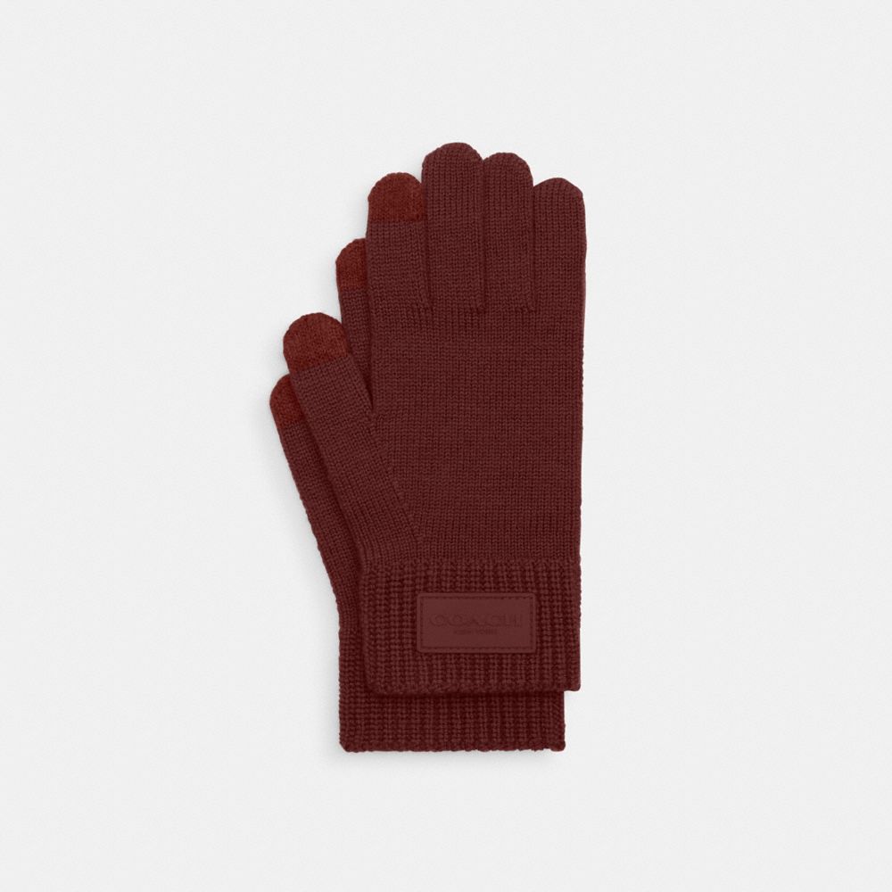 COACH®,Knit Gloves With Rubber Patch,Wool,Classic Gloves,Rubber,Applique,Tech Touch,Casual,Maroon,Front View