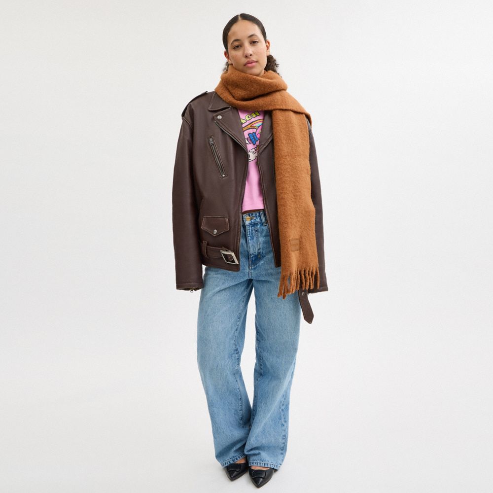 COACH®,Muffler With Rubber Patch,Alpaca,Rectangle,Rubber,Tag Embellishment,Fringe,Casual,Brown,Detail View