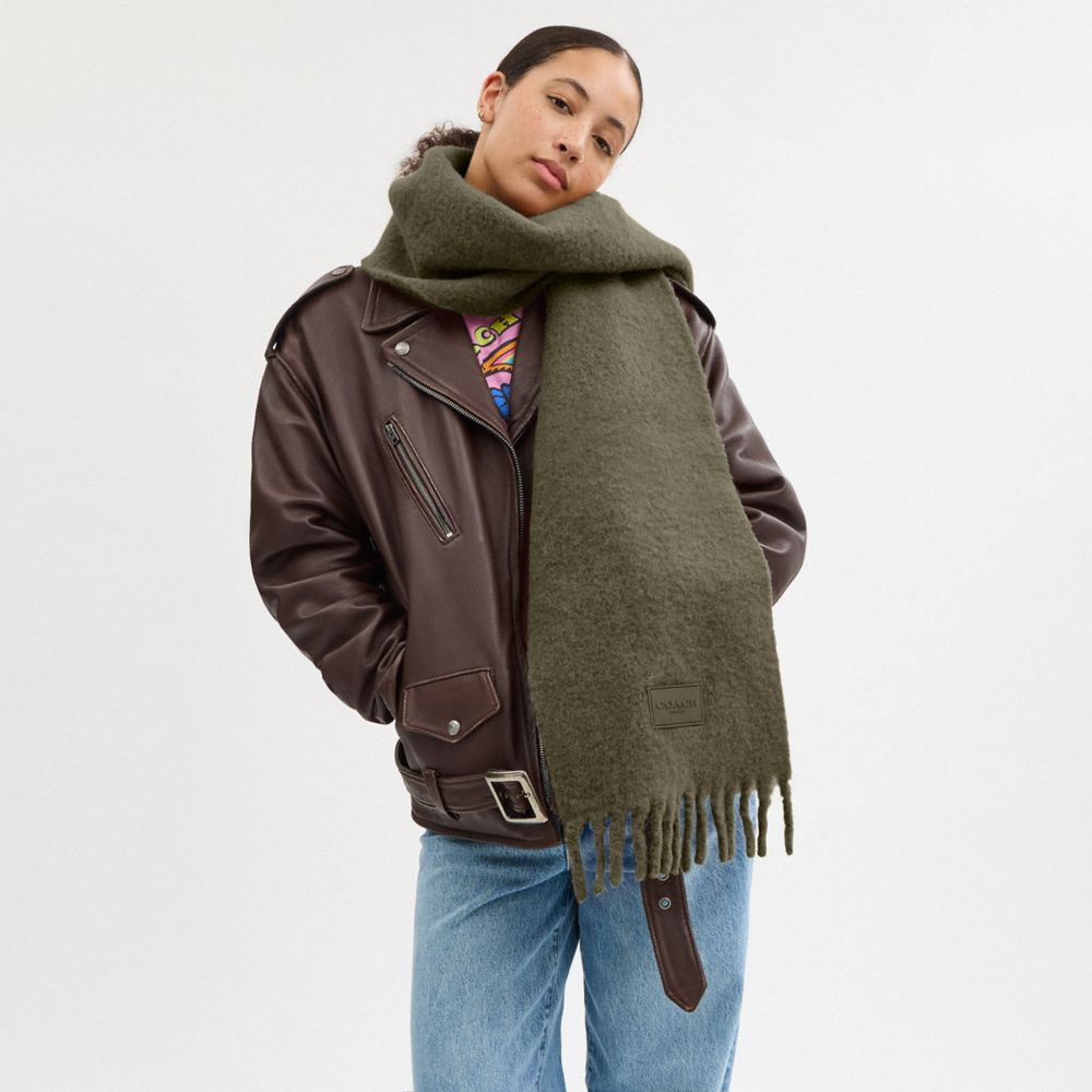 COACH®,Muffler With Rubber Patch,Alpaca,Rectangle,Rubber,Tag Embellishment,Fringe,Casual,Olive,Detail View