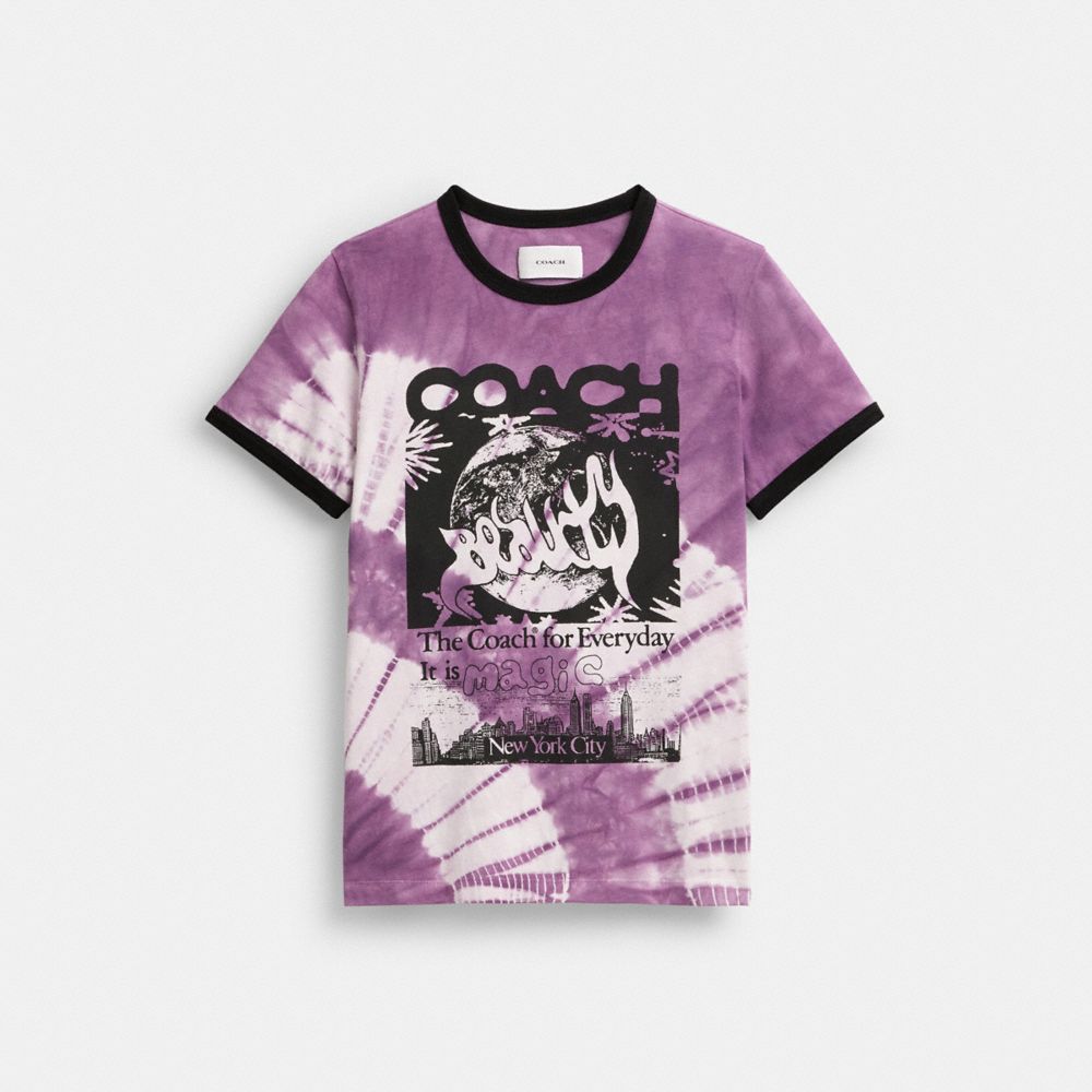 COACH®,90'S TIE-DYE T-SHIRT IN ORGANIC COTTON,Organic Cotton,Purple Multi,Front View