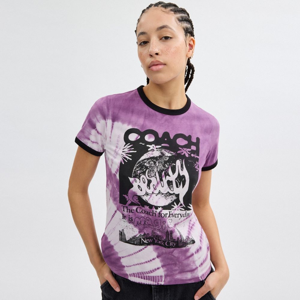 COACH®,90'S TIE-DYE T-SHIRT IN ORGANIC COTTON,Organic Cotton,Purple Multi,Scale View